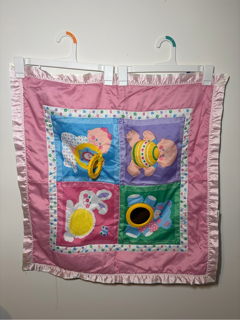Vintage 1993 Fisher-Price Pink Patchwork Sensory Play Mat with Tactile Rings